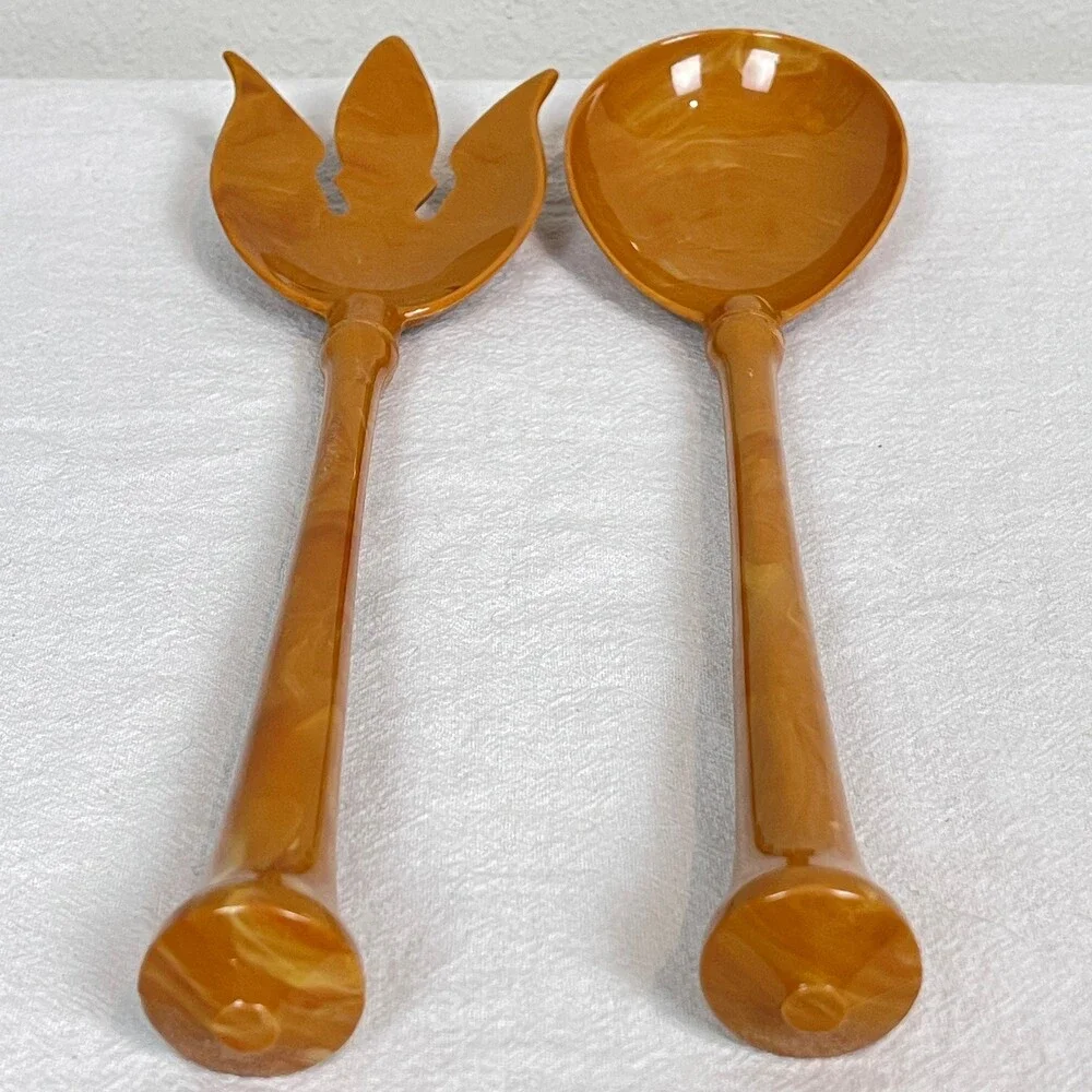 Vintage Harvest Gold Swirl Plastic Serving Utensil Set 70s